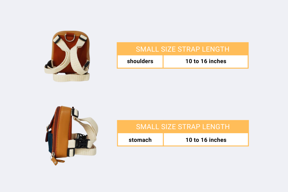 Small size strap length is 10 to 16 inches on shoulders and 10 to 16 inches on stomach.