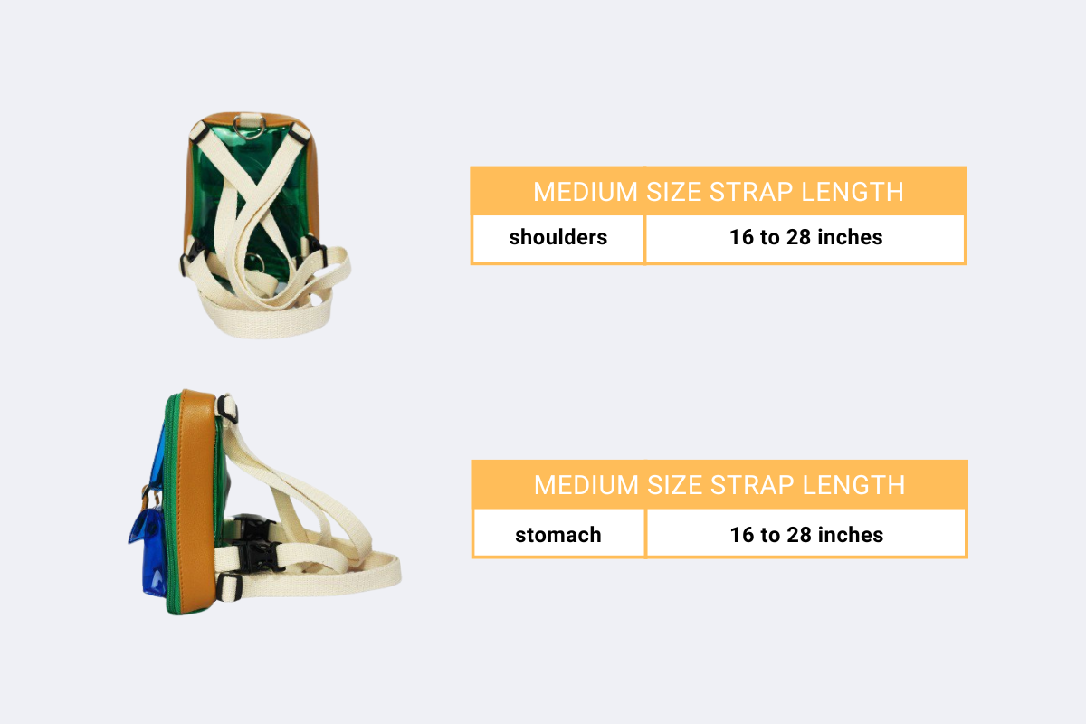 Medium size strap length is 16 to 28 inches on shoulders and 16 to 28 inches on stomach.