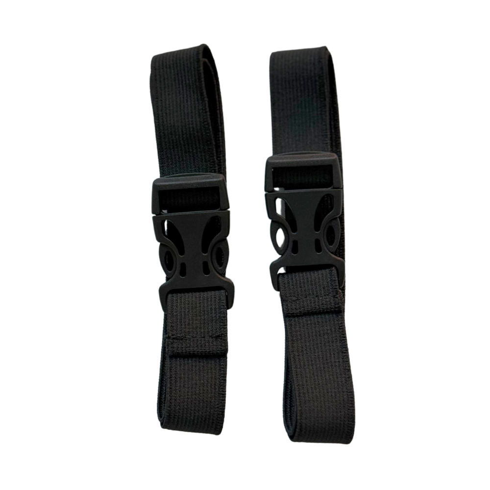A pair of 10 inch black extenders for dog backpack straps, featuring clips on each end. Image is shown with extenders clipped. Please contact us for assistance on selecting the correct extenders.