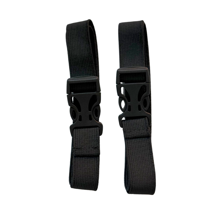 A pair of 10 inch black extenders for dog backpack straps, featuring clips on each end. Image is shown with extenders clipped. Please contact us for assistance on selecting the correct extenders.