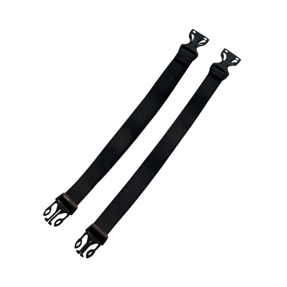 A pair of 10 inch black extenders for dog backpack straps, featuring clips on each end. Image is shown with extenders unclipped. Please contact us for assistance on selecting the correct extenders.