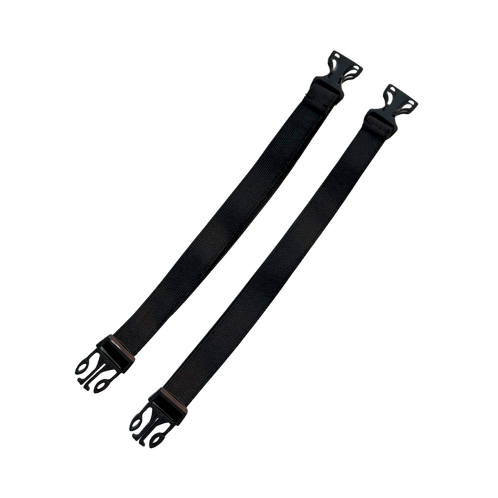 A pair of 10 inch black extenders for dog backpack straps, featuring clips on each end. Image is shown with extenders unclipped. Please contact us for assistance on selecting the correct extenders.