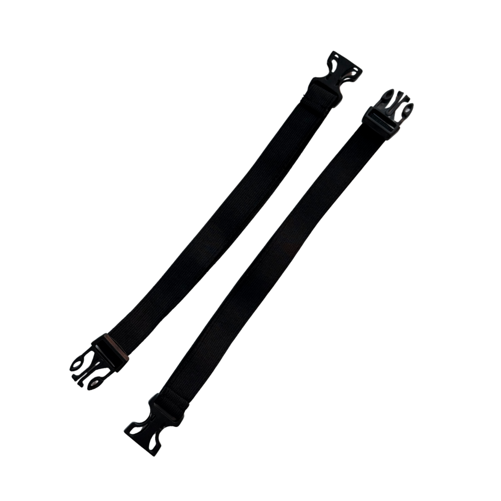 A pair of 10 inch black extenders for dog backpack straps, featuring clips on each end. Image is shown with extenders unclipped. Please contact us for help on selecting the correct extenders.