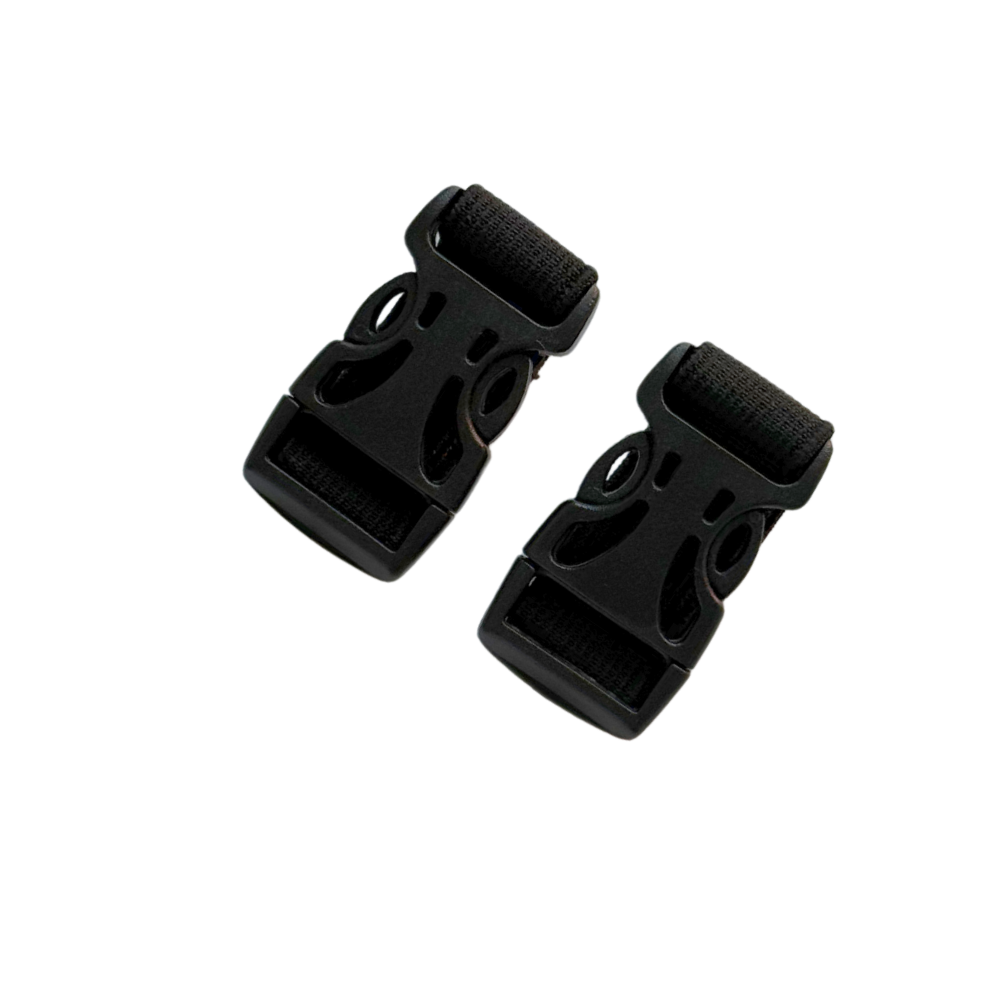 A pair of 2 inch black extenders for dog backpack straps, featuring clips on each end. Image is shown with extenders clipped. Please contact us for assistance on selecting the correct extenders.