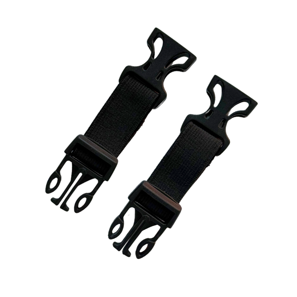 A pair of 2 inch black extenders for dog backpack straps, featuring clips on each end. Image is shown with extenders unclipped. Please contact us for assistance on selecting the correct extenders.