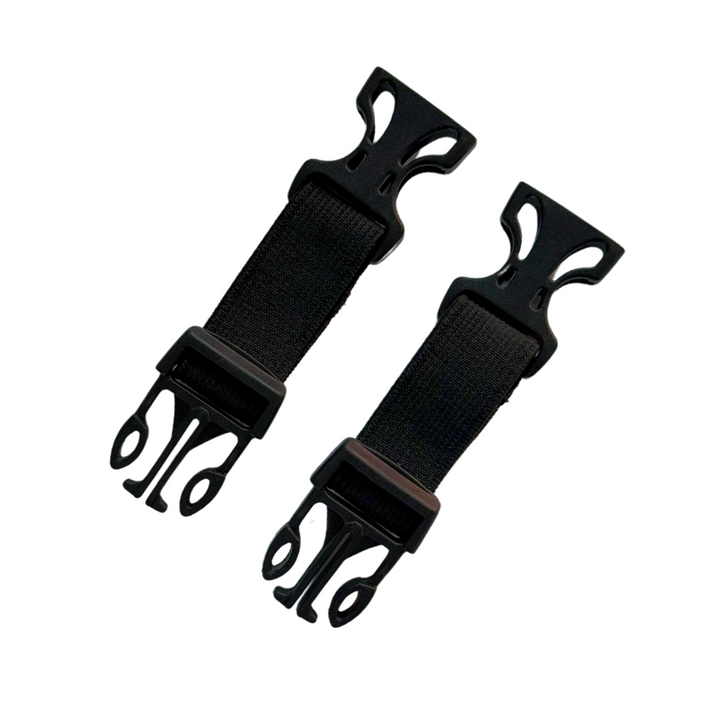 A pair of 2 inch black extenders for dog backpack straps, featuring clips on each end. Image is shown with extenders unclipped. Please contact us for assistance on selecting the correct extenders.