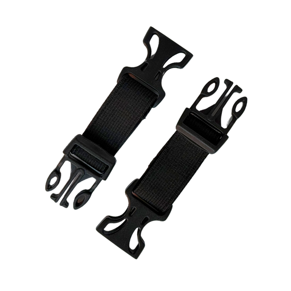 A pair of 2 inch black extenders for dog backpack straps, featuring clips on each end. Image is shown with extenders unclipped. Please contact us for assistance on selecting the correct extenders.