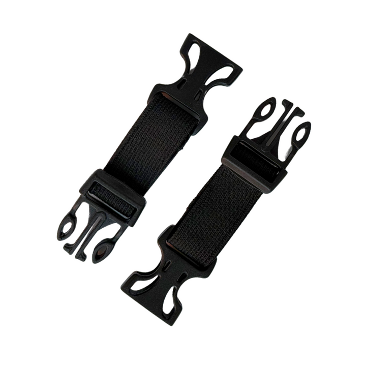 A pair of 2 inch black extenders for dog backpack straps, featuring clips on each end. Image is shown with extenders unclipped. Please contact us for assistance on selecting the correct extenders.