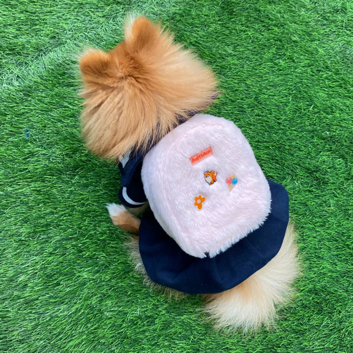 Pomeranian wearing a Finny Fur Pink style Ruffsack backpack on Astroturf.
