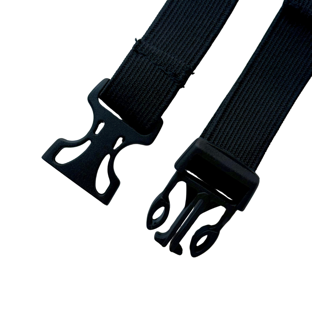 A pair of 2 inch black extenders for dog backpack straps, featuring clips on each end. Image focuses on male and female clip ends. Please contact us for assistance on selecting the correct extenders.