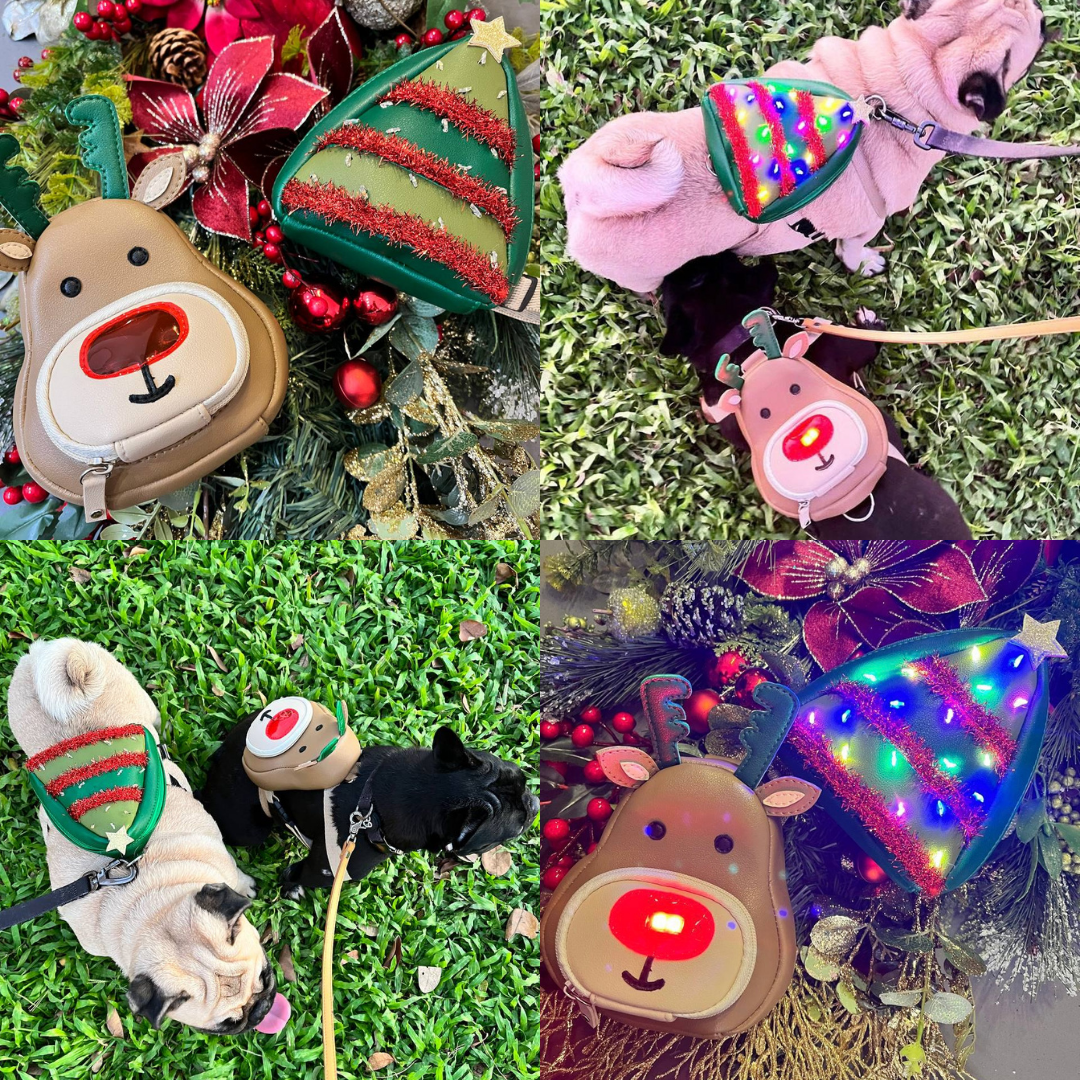 Four photo collage showing Rudolph and Pine model Ruffsack backpacks. Two photos show lit and unlit models on a Christmas tree. Two photos show a Pug and French Bulldog wearing the bags lit and unlit.