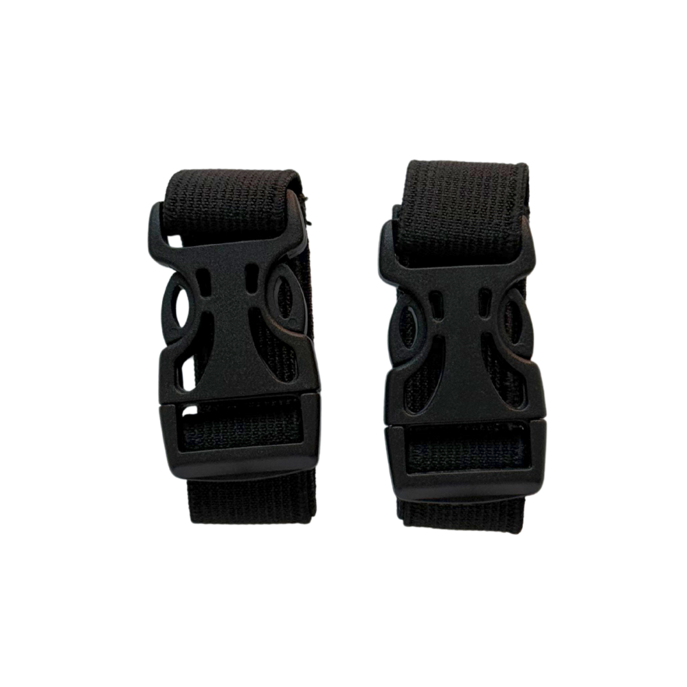 A pair of 4 inch black extenders for dog backpack straps, featuring clips on each end. Image is shown with extenders clipped. Please contact us for assistance on selecting the correct extenders.