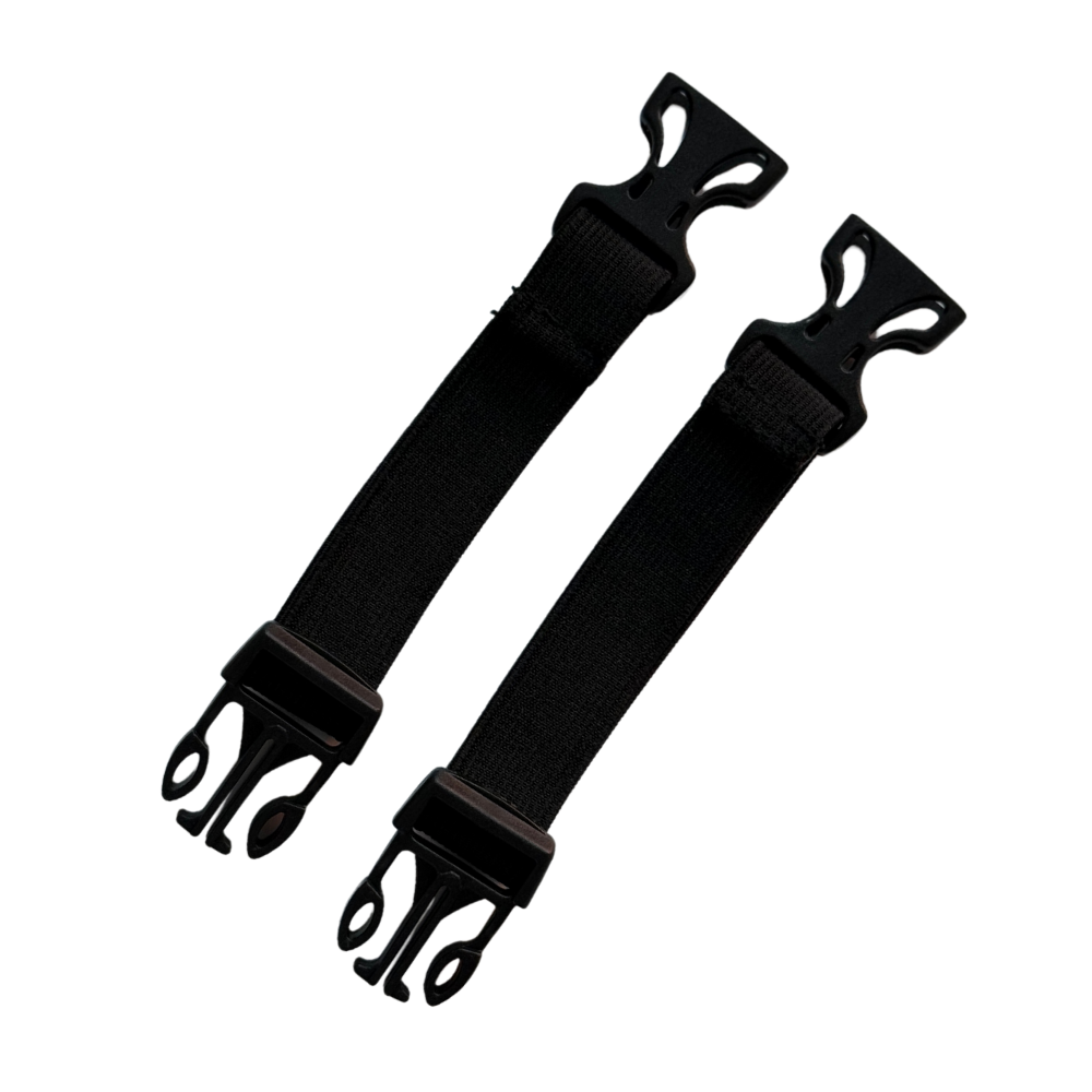 A pair of 4 inch black extenders for dog backpack straps, featuring clips on each end. Image is shown with extenders unclipped. Please contact us for assistance on selecting the correct extenders.