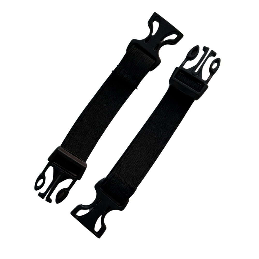 A pair of 4 inch black extenders for dog backpack straps, featuring clips on each end. Image is shown with extenders unclipped. Please contact us for assistance on selecting the correct extenders.
