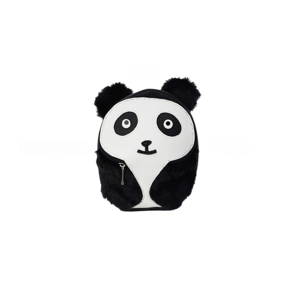 Panda model Ruffsack backpack front angle. The backpack features a white faux leather panda face with black fur and ears. A front zipper allows access to the inside.