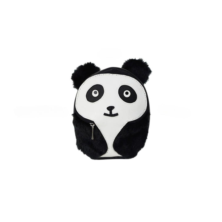 Panda model Ruffsack backpack front angle. The backpack features a white faux leather panda face with black fur and ears. A front zipper allows access to the inside.