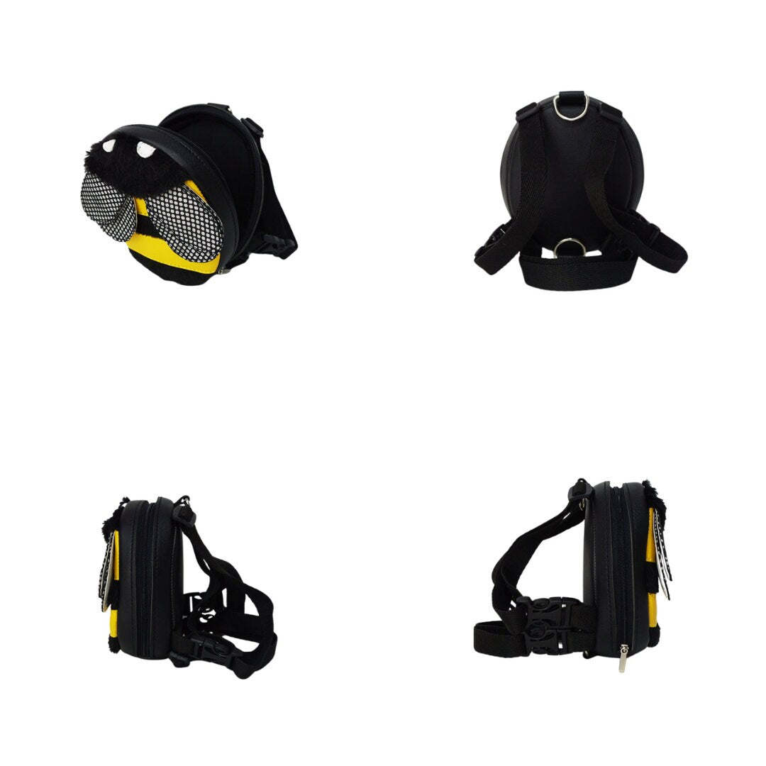 Bumble Bee model Ruffsack backpack at 4 angles including the front, back, side 1, and side 2. The backpack features an oval bumble bee shape made with faux leather yellow stripes,  furry black stripes, textured wings, black head, and white eyes. A side zipper allows access to the inside. Straps are black in color.