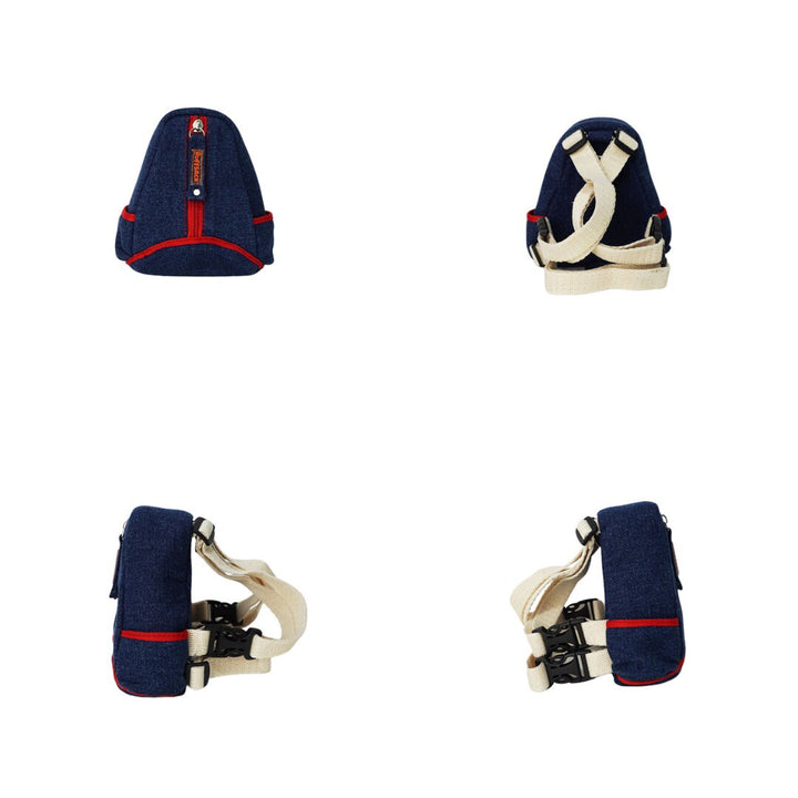 Lee model Ruffsack backpack at 4 angles including the front, back, side 1, and side 2. The backpack features a teardrop shape made with cotton blue jean style fabric with red accents along two side pockets and the center pocket. A vertical zipper down the center allows access to the inside. Straps are light tan in color.