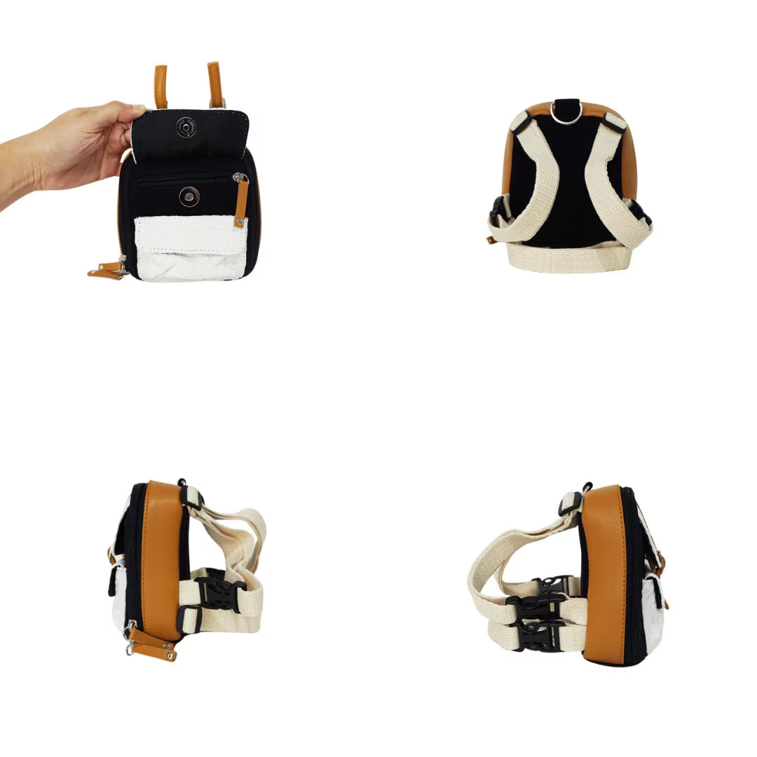 Dale Black and White model Ruffsack backpack at 4 angles including the front, back, side 1, and side 2. The backpack face features a cotton white embossed pattern with two small front buttoned pockets atop a cotton black solid pattern. Tan faux leather accents are on the front and sides of the bag. A side zipper allows access to the inside. Straps are light tan in color.