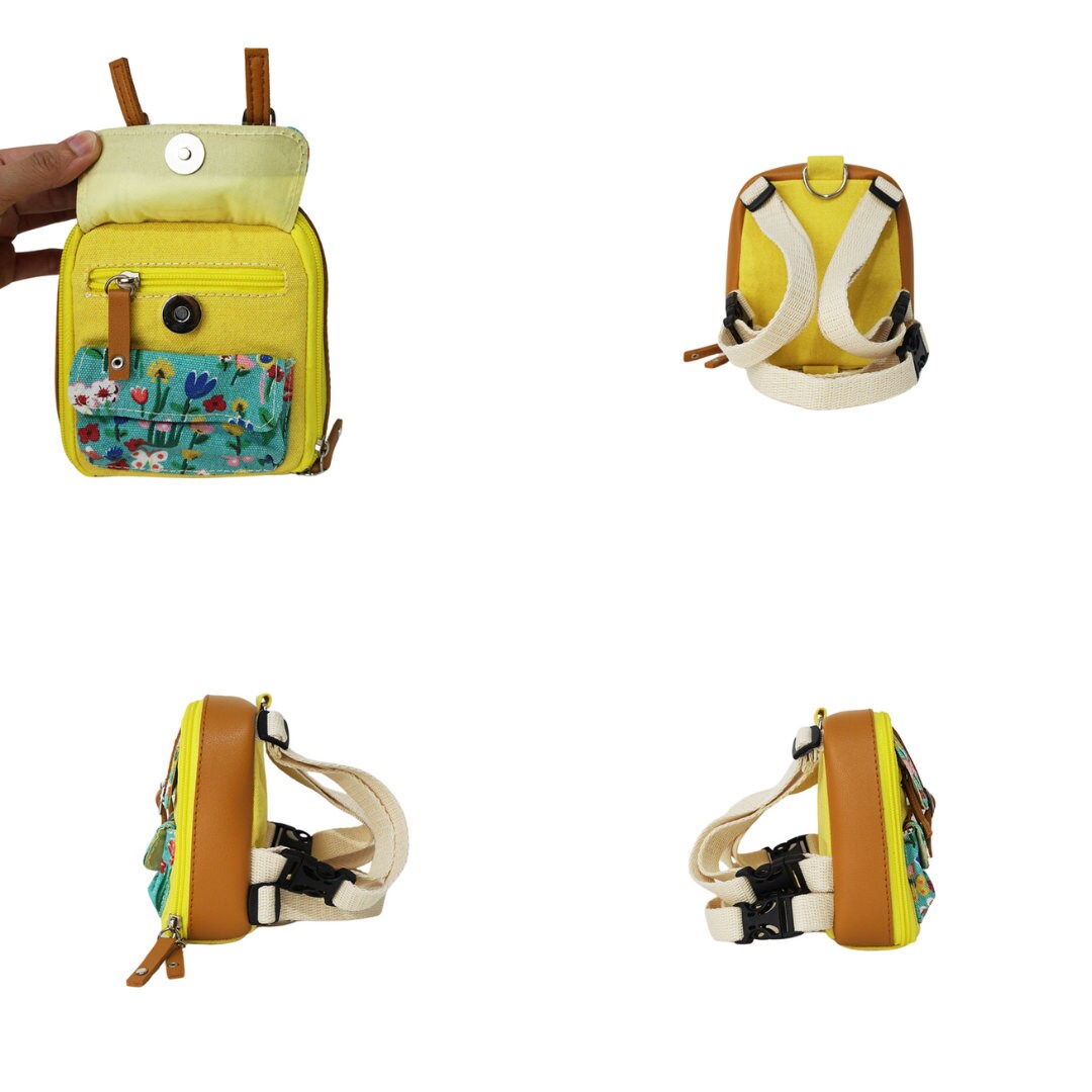 Dale Floral model Ruffsack backpack at 4 angles including the front, back, side 1, and side 2. The backpack face features a cotton floral pattern with two small front buttoned pockets. Tan faux leather accents are on the front and sides of the bag. A side zipper allows access to the inside. Straps are light tan in color.