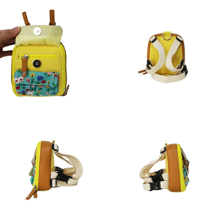 Dale Floral model Ruffsack backpack at 4 angles including the front, back, side 1, and side 2. The backpack face features a cotton floral pattern with two small front buttoned pockets. Tan faux leather accents are on the front and sides of the bag. A side zipper allows access to the inside. Straps are light tan in color.