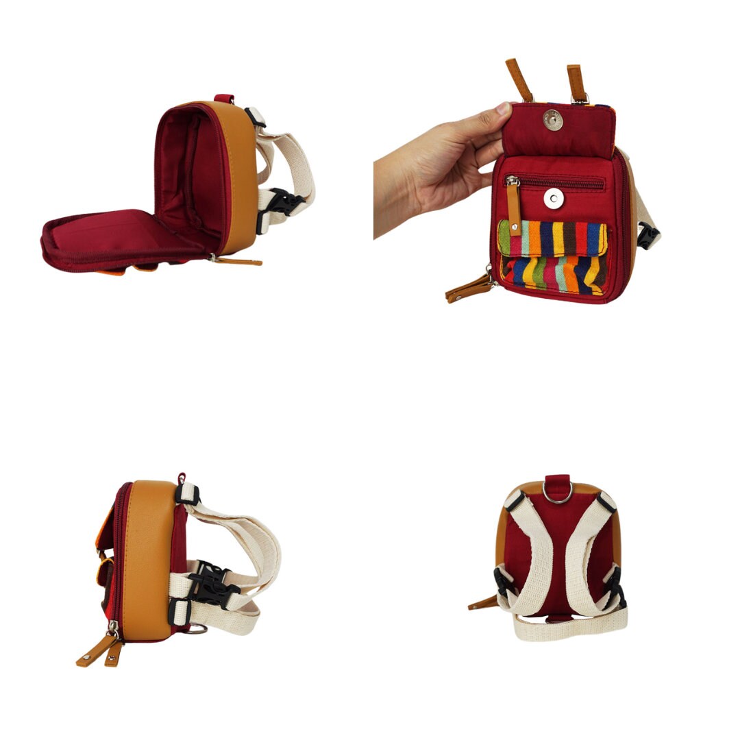 Dale Stripe model Ruffsack backpack at 4 angles including the front, back, side 1, and side 2. The backpack face features a cotton multicolor, vertical striped pattern with two small front buttoned pockets. Tan faux leather accents are on the front and sides of the bag. A side zipper allows access to the inside. Straps are light tan in color.