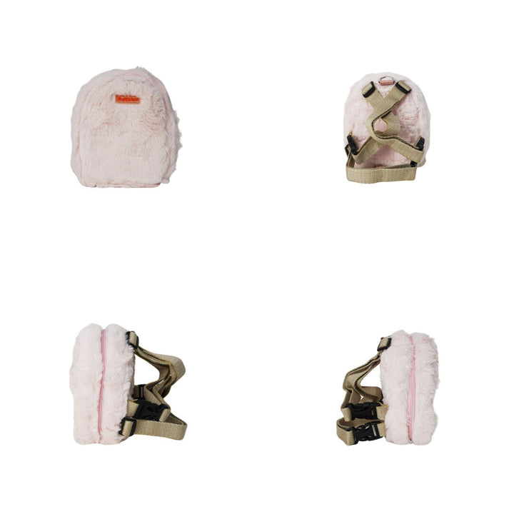 Finny Fur Pink model Ruffsack backpack at 4 angles including the front, back, side 1, and side 2.  The backpack features a furry, fluffy pink fabric. A side zipper allows access to the inside. Straps are light tan in color.