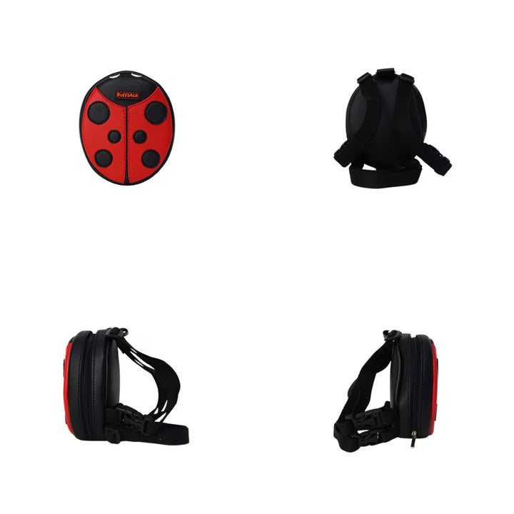 Lucy Ladybug model Ruffsack backpack at 4 angles including the front, back, side 1, and side 2. The backpack features an oval ladybug shape made with faux leather red wings, black spots, black head, and white eyes. A side zipper allows access to the inside. Straps are black in color.