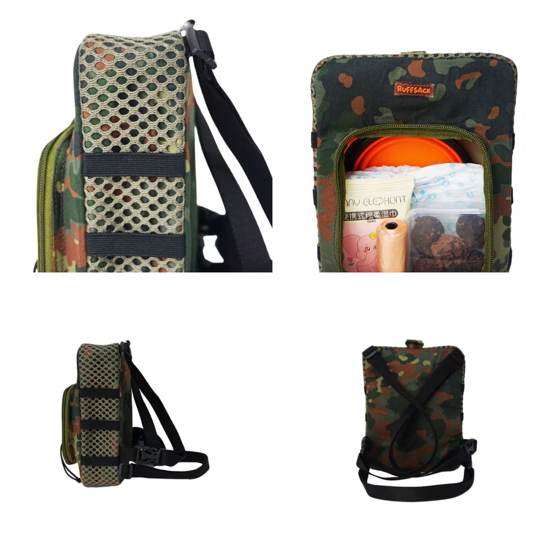 Scout model Ruffsack backpack at 4 angles including the front, back, side 1, and side 2. The backpack features a camouflage cotton fabric with a net style fabric with elastic straps along the sides and front. A front zipper allows access to the inside. Straps are black in color.