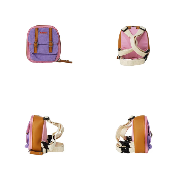 Dale Pink model Ruffsack backpack at 4 angles including the front, back, side 1, and side 2. The backpack face features a cotton purple solid pattern with two small front buttoned pockets atop a cotton pink solid pattern. Tan faux leather accents are on the front and sides of the bag. A side zipper allows access to the inside. Straps are light tan in color.