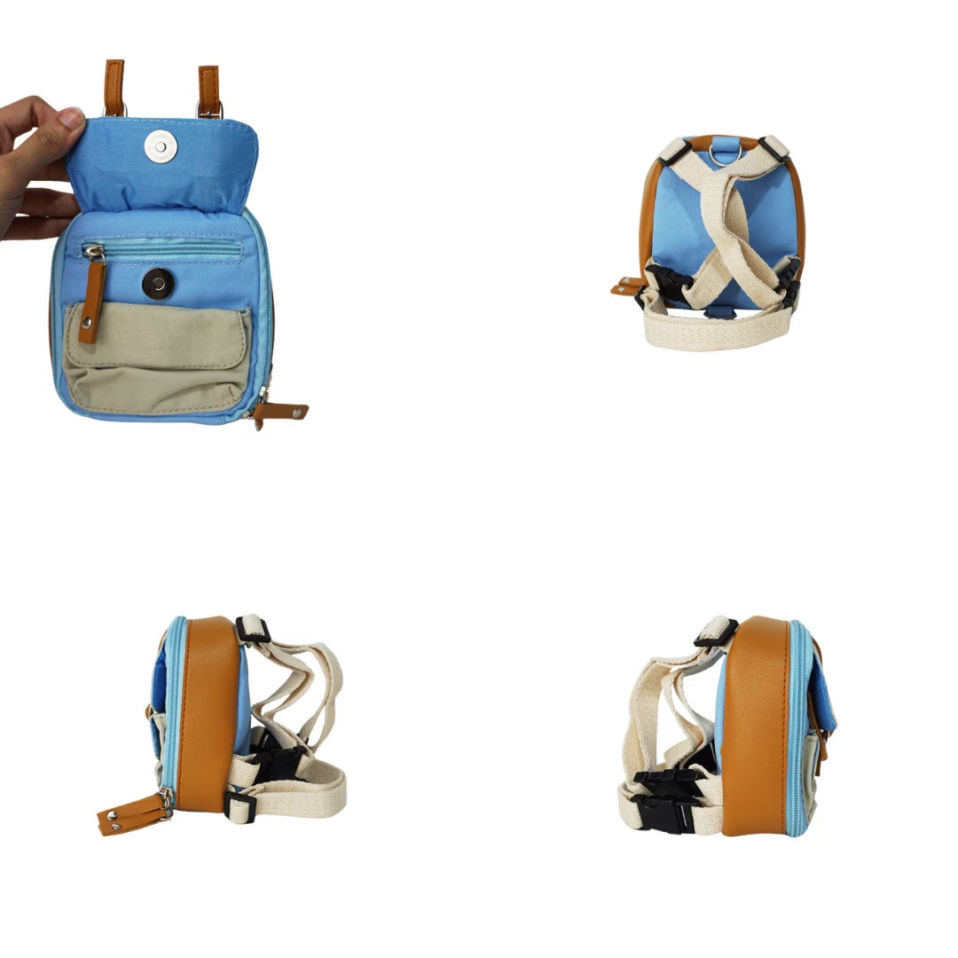 Dale Light Blue model Ruffsack backpack at 4 angles including the front, back, side 1, and side 2. The backpack face features a cotton gray solid pattern with two small front buttoned pockets atop a cotton light blue solid pattern. Tan faux leather accents are on the front and sides of the bag. A side zipper allows access to the inside. Straps are light tan in color.