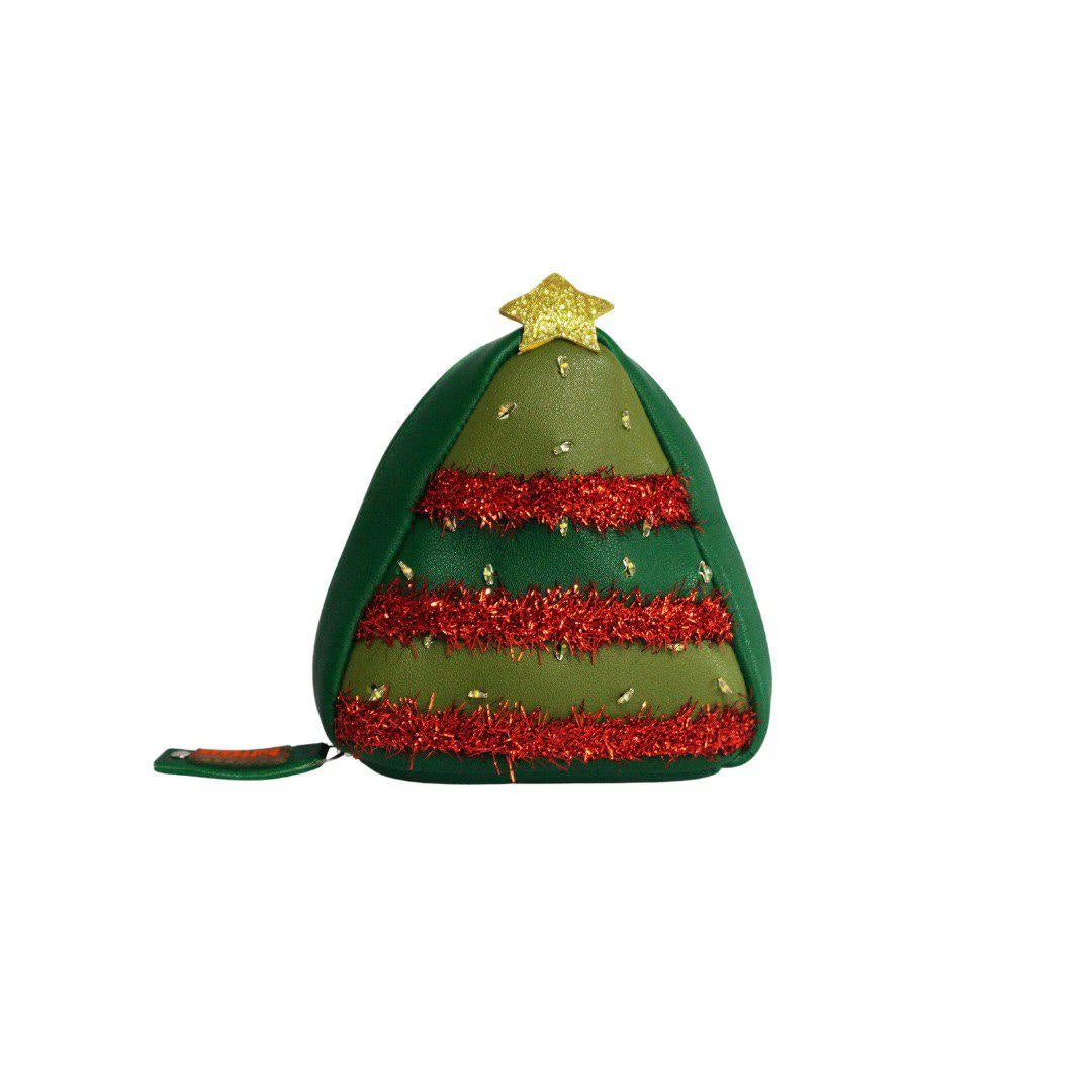 Pine model Ruffsack backpack front angle. The backpack features a light and dark faux leather green tree with red tinsel and light up lights with a star on top. A side zipper allows access to the inside.