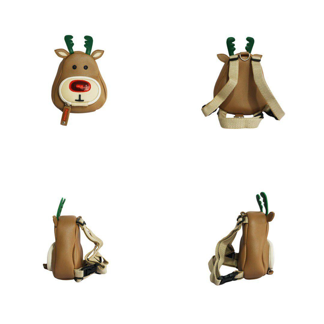 Rudolph model Ruffsack backpack at 4 angles including the front, back, side 1, and side 2. The backpack features a faux leather brown reindeer face with ears, green antlers, and a red, light up nose. A front zipper allows access to the inside. Straps are light tan in color.