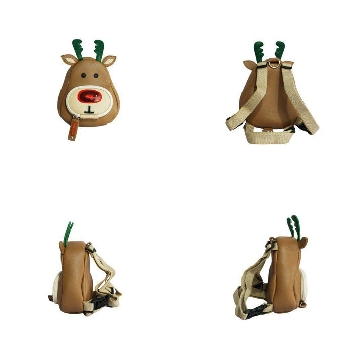 Rudolph model Ruffsack backpack at 4 angles including the front, back, side 1, and side 2. The backpack features a faux leather brown reindeer face with ears, green antlers, and a red, light up nose. A front zipper allows access to the inside. Straps are light tan in color.