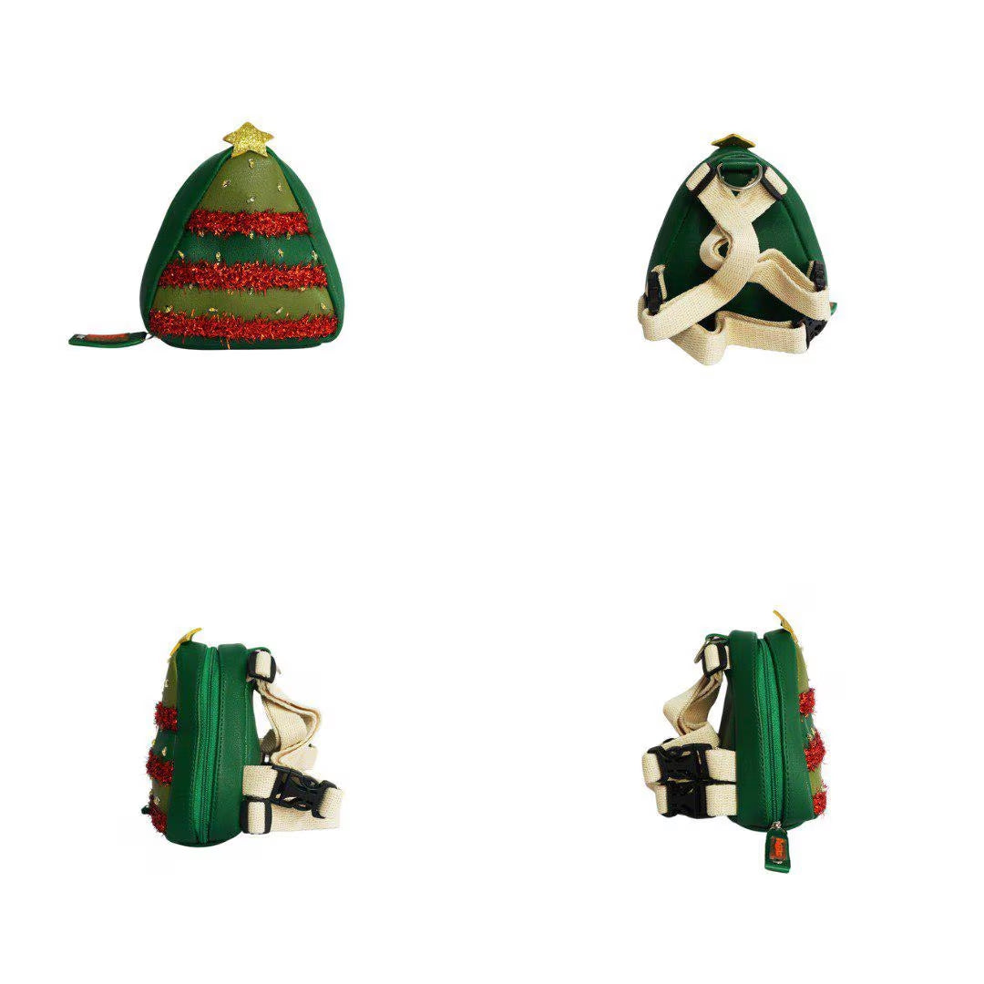 Pine model Ruffsack backpack at 4 angles including the front, back, side 1, and side 2. The backpack features a light and dark faux leather green tree with red tinsel and light up lights with a star on top. A side zipper allows access to the inside. Straps are light tan in color.