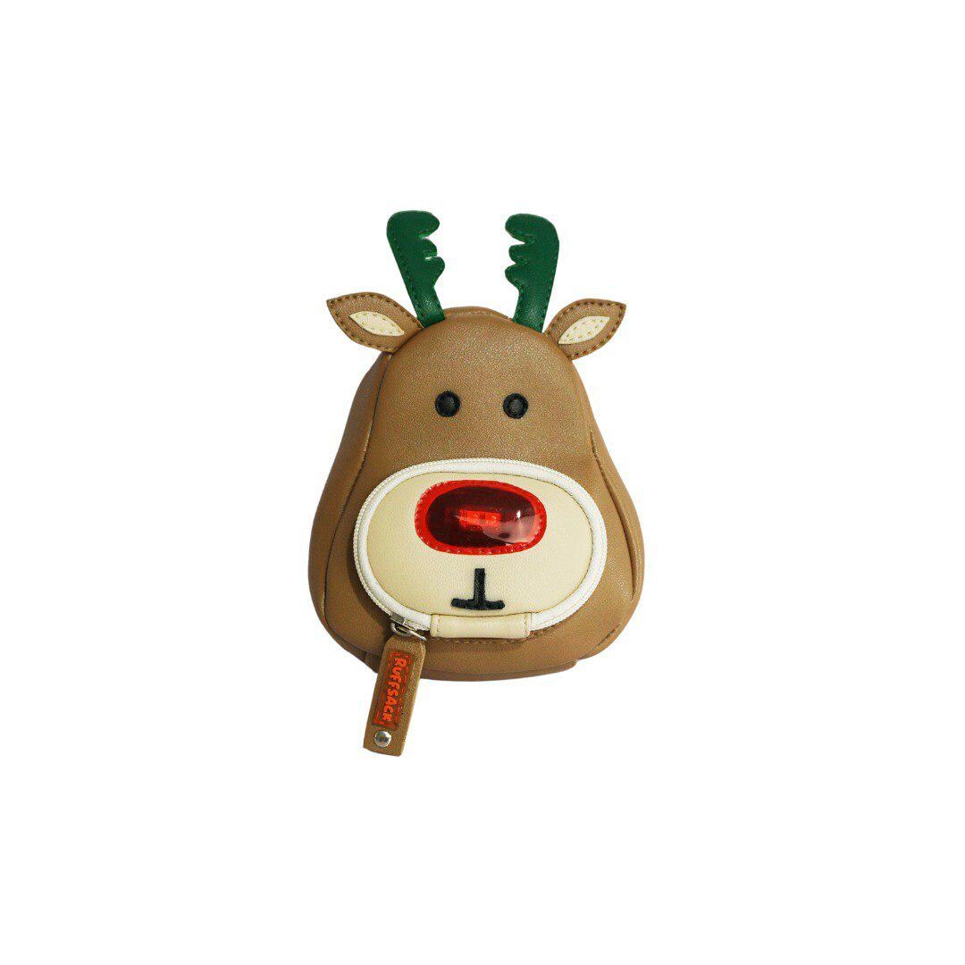 Rudolph model Ruffsack backpack front angle. The backpack features a faux leather brown reindeer face with ears, green antlers, and a red, light up nose. A front zipper allows access to the inside.