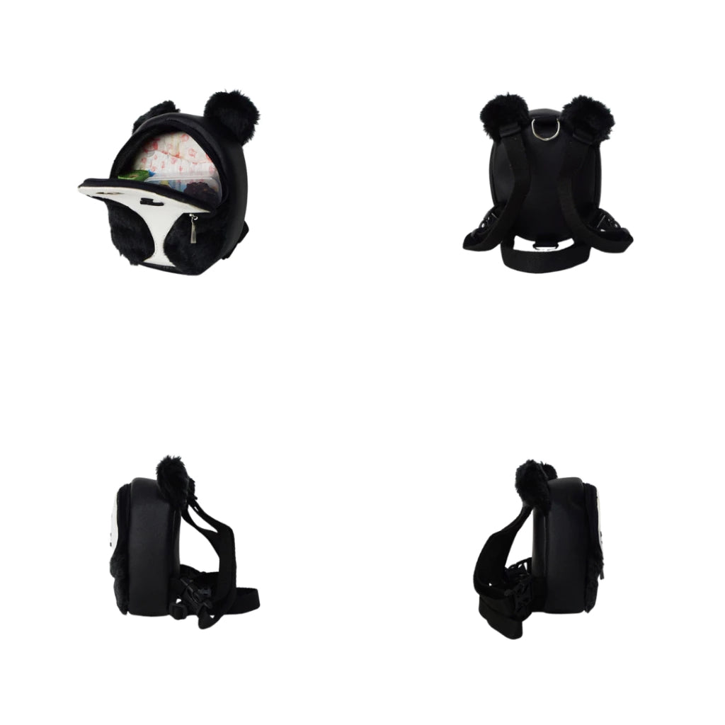 Panda model Ruffsack backpack at 4 angles including the front, back, side 1, and side 2. The backpack features a white faux leather panda face with black fur and ears. A front zipper allows access to the inside. Straps are black in color.