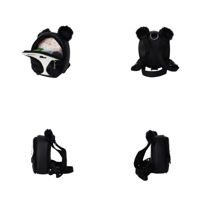 Panda model Ruffsack backpack at 4 angles including the front, back, side 1, and side 2. The backpack features a white faux leather panda face with black fur and ears. A front zipper allows access to the inside. Straps are black in color.