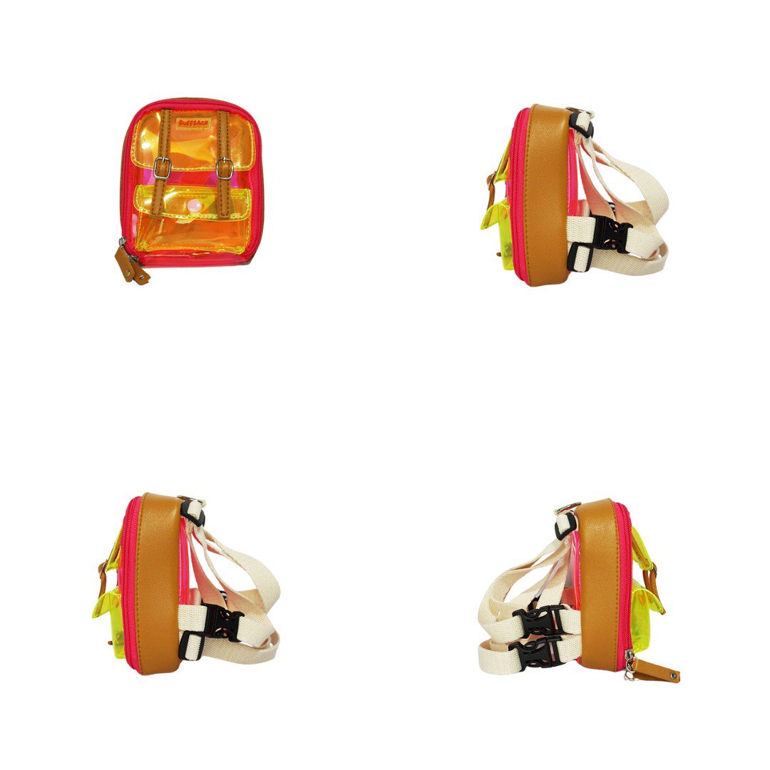 Jelly Dale, Pink and Yellow, model Ruffsack backpack at 4 angles including the front, back, side 1, and side 2. The backpack face features a transparent pink and yellow plastic with a small front buttoned pocket. Tan faux leather accents are on the front and sides of the bag. A side zipper allows access to the inside. Straps are light tan in color.