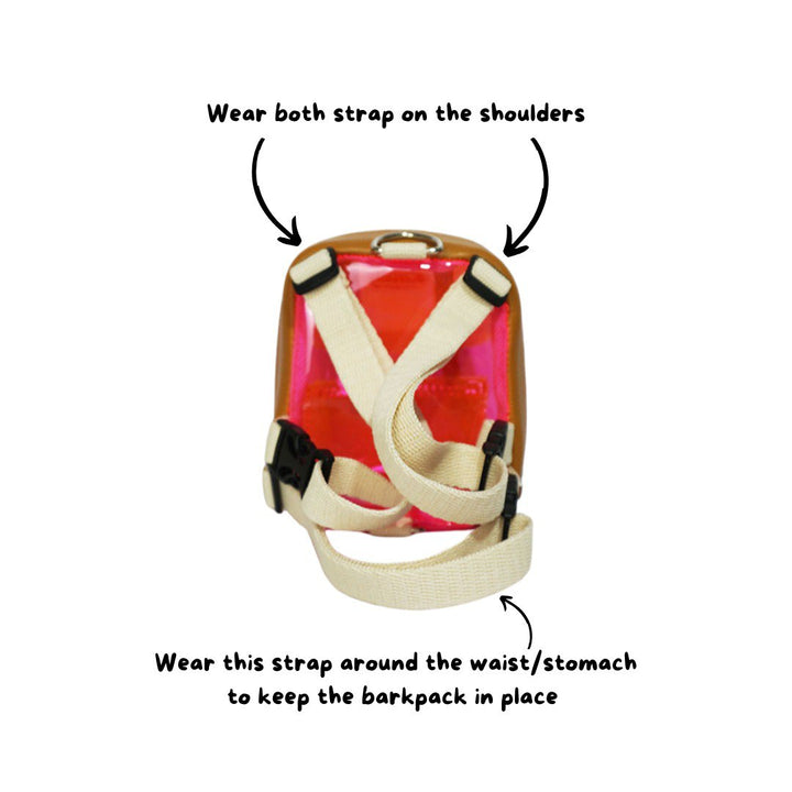How to wear a Ruffsack backpack by wearing the straps around the shoulders and stomach to secure the backpack in place.